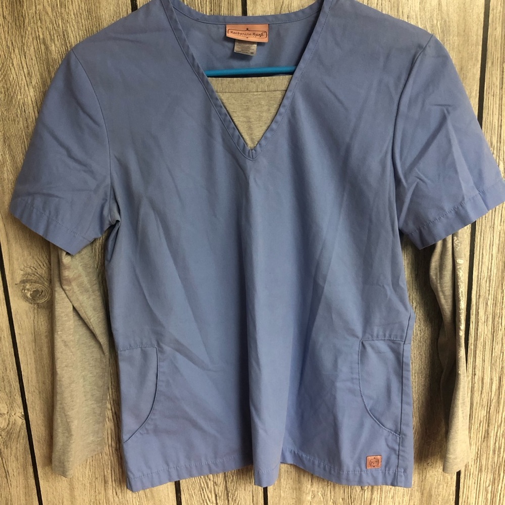 Womens Katherine Heigl Scrub Top XS Ceil Blue Long Gray Sleeves Layered